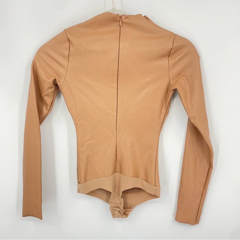 SKIMS Mock Neck Faux Leather essentials Bodysuit Long Sleeve Brown Sienna Sz XXS - Picture 2 of 5